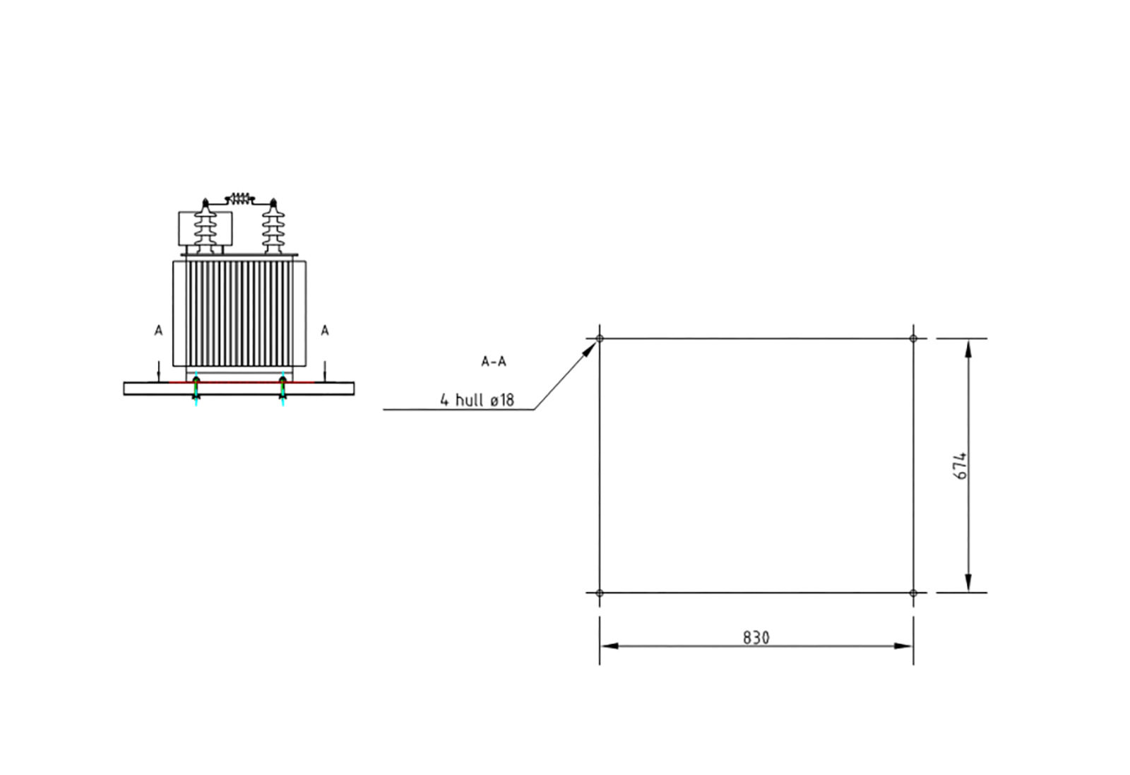 Hole pattern for mounting of booster transformer viewed from above