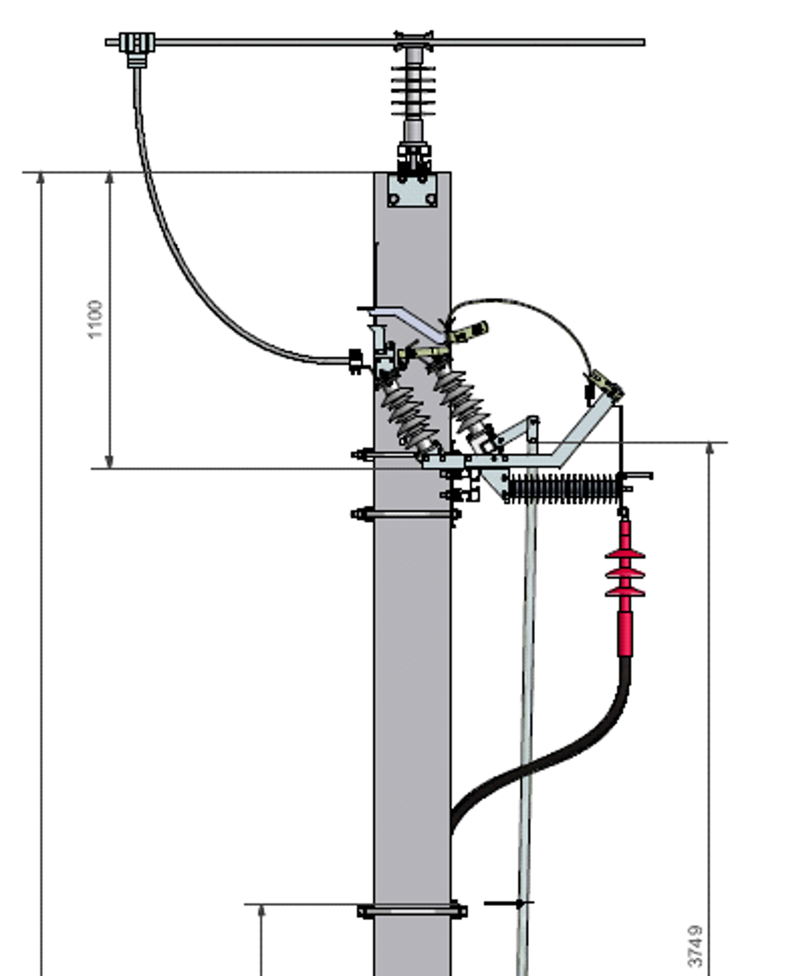 Mast with switch, cable termination, and two surge arresters used as support insulators